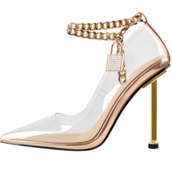 Clear Pointed Toe Metal Chain Lock High Metal Heels Stiletto Pumps - Picture 3 of 9